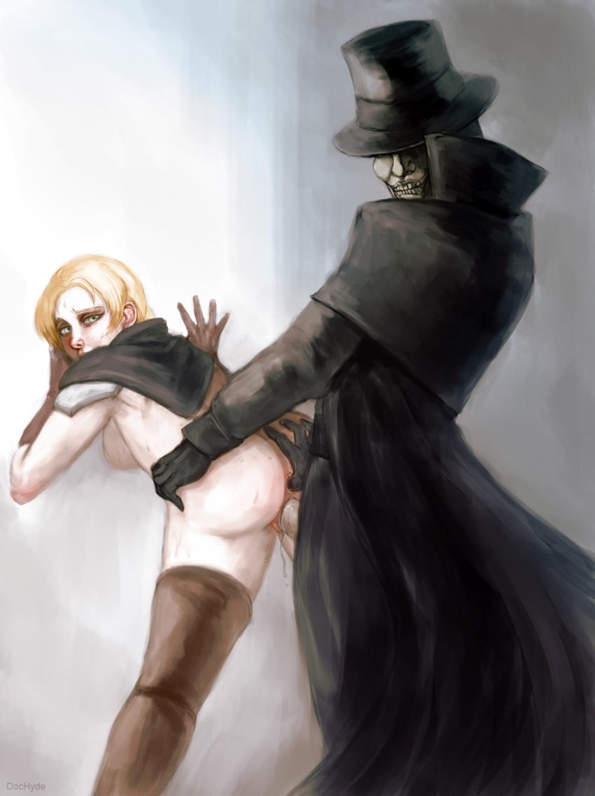 1boy 1girls against_glass anal_fingering anus ass_grab bent_over black_gloves blonde_hair chosen_undead clothed_male_nude_female clothed_sex dark_souls dochyde female finger_in_ass fingering fingering_partner first_person_view from_behind fromsoftware functionally_nude gloves looking_at_viewer looking_back male marvelous_chester mask masked masked_male painting_artwork penis sideboob standing_sex sweat thigh_boots top_hat vaginal_penetration vaginal_sex