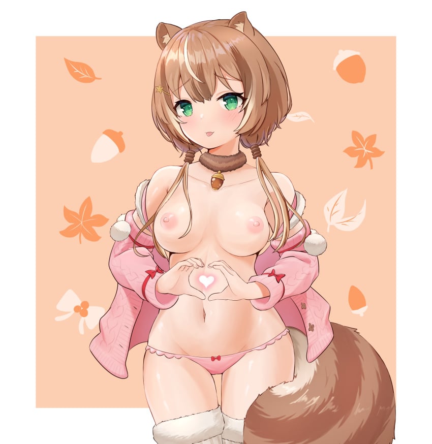 1girls ayunda_risu breasts brown_hair collar exposed_breasts female green_eyes heart hololive hololive_indonesia hololive_indonesia_area_15 long_hair medium_breasts navel nipples panties partially_clothed solo squirrel squirrel_ears squirrel_girl squirrel_tail tail telomere thighhighs virtual_youtuber