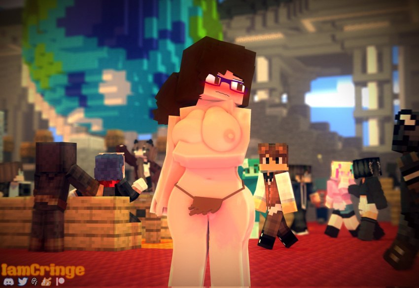 3d adult breasts brown_eyes brown_hair commission glasses iamcringe irene_cream_(iamcringe) looking_back mine-imator minecraft nude_female public public_nudity pussy tagme