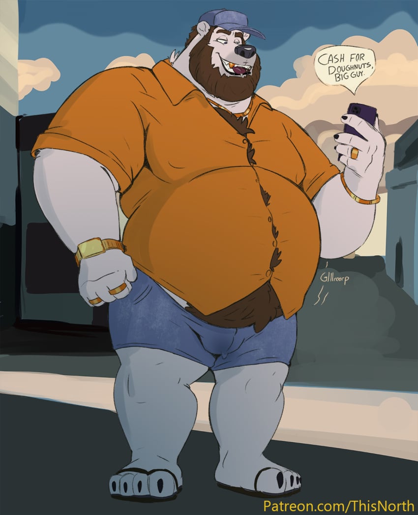 anthro beard belly big_belly bodily_fluids body_hair bottomwear chest_hair clothing cutoffs denim denim_clothing drooling facial_hair footwear genital_fluids gold gold_(metal) gold_tooth hat headgear headwear hi_res looking_at_object looking_at_phone male male_only mammal money musclegut muscular muscular_male overweight overweight_male polar_bear precum rumbling_stomach saliva sandals shorts solo tcw_(artist) tcw_(character) tight_clothing tongue tongue_out ursid ursine weight_gain