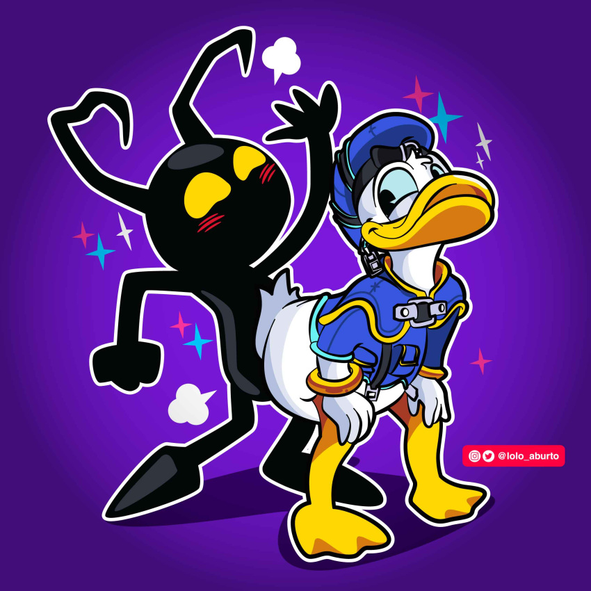 2021 2boys absurd_res anatid anseriform anthro avian beak bird black_body blue_clothing blue_hat blue_headwear blue_sclera blush bottomless clothed clothing disney donald_duck duck duo gay hat headgear headwear heartless highres humanoid kingdom_hearts leaning leaning_forward lolo_aburto looking_back male male/male male_only nude purple_background shadow_(heartless) simple_background smile square_enix white_body yaoi yellow_eyes