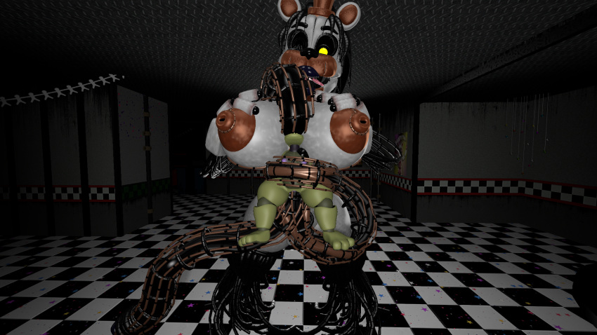 3d anthro big_breasts breasts duo female five_nights_at_freddy's five_nights_at_freddy's_4 freddy_fazbear's_pizzeria_simulator green_body herm hi_res huge_breasts humanoid hyper intersex intersex/female josh-u4 lagomorph larger_female leporid mammal molten_freddy penetration plushtrap plushtrap_(fnaf) poster rabbit rule_63 scottgames size_difference smaller_female tentacle tentacle_penetration tile_floor ursid video_games white_body yellow_eyes