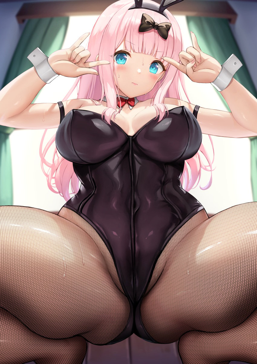 1girls absurd_res animal_ears arm_strap bare_shoulders belly big_breasts big_thighs black_leotard blue_eyes blush bracelet bracelets breasts bunny_ears bunnysuit cleavage collar curvaceous curvy detached_collar erect_nipple erect_nipples erect_nipples_under_clothes eyebrows eyebrows_visible_through_hair fake_animal_ears female female_focus female_only fishnet_legwear fishnets fujiwara_chika hair hair_over_breasts hair_over_shoulder hairband hands_up hi_res huge_thighs indoor indoors kaguya-sama_wa_kokurasetai_~tensai-tachi_no_renai_zunousen~ large_thighs legs legs_held_open legwear leotard light-skinned_female light_skin long_hair looking_at_viewer looking_down navel navel_line open_mouth pink_hair ribbon sayika shiny_clothes shiny_hair shiny_skin simple_background smile smiling solo solo_female solo_focus squatting sweat sweatdrop thick_thighs thighs thong_leotard tight_clothes tight_clothing tight_leotard tongue viewed_from_below wide_hips window