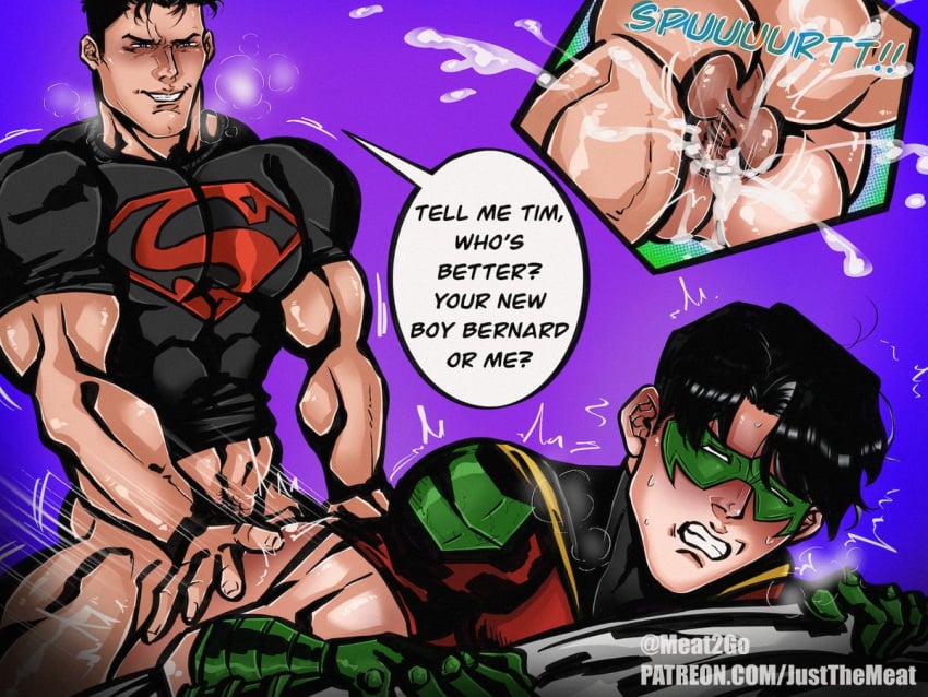 anal anal_sex ass batman_(series) bottomless cheating cheating_boyfriend conner_kent cum_in_ass cumming dc dc_comics dialogue gay gay_sex justthemeat/meat2go kinktober kon-el male muscles muscular muscular_male pants_off pleasure_face robin_(dc) robin_(tim_drake) superboy superboy_(conner_kent) superman_(series) teen_boy tim_drake timkon yaoi