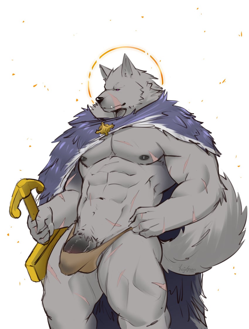 2022 3:4 abs absurd_res anthro asian_clothing balls barely_visible_balls barely_visible_genitalia big_penis blaidd_(elden_ring) body_hair bulge canid canine canis cloak clothed clothing east_asian_clothing elden_ring fangs fromsoftware furry furry_only genital_outline genitals hi_res kajin-sama looking_at_viewer male male_focus male_only male_solo mammal melee_weapon mostly_nude muscular muscular_male navel nipples pecs penis penis_outline pinup pose scar simple_background solo solo_male standing sword teeth tenting underwear video_games weapon wolf