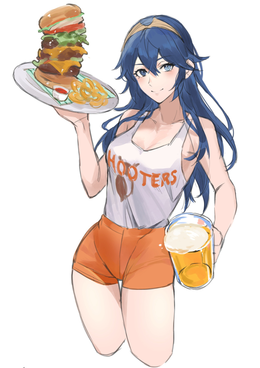 1girls absurdres alternate_costume bangs beer_mug blue_eyes blue_hair blush breasts burger cleavage clothes_writing cup employee_uniform female female_only fire_emblem fire_emblem_awakening food hair_between_eyes highres hooters long_hair looking_at_viewer lucina_(fire_emblem) mug nintendo no_legwear orange_shorts short_shorts shorts simple_background smile solo tank_top tiara toho10min toho_tamtam uniform waitress