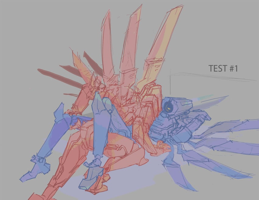 2robots ambiguous_gender ambiguous_penetration android grey_background male male_only missionary_position robot sketch spot_color technerotic text ultrakill v1_(ultrakill) v2_(ultrakill) v4v wings wrapped_around_another