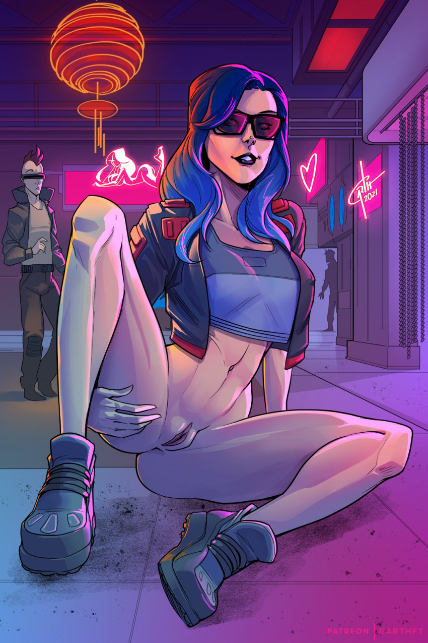 1boy 1girls abs artist_name ass black_shoes blue_hair bottomless cyberpunk cyberpunk_2077 female_focus going_commando grabbing highres lipstick long_hair looking_at_viewer neon neon_lights no_panties nopan original_character purple-tinted_eyewear pussy shoes smile sunglasses tagme teeth temporalwolf thighs tinted_eyewear