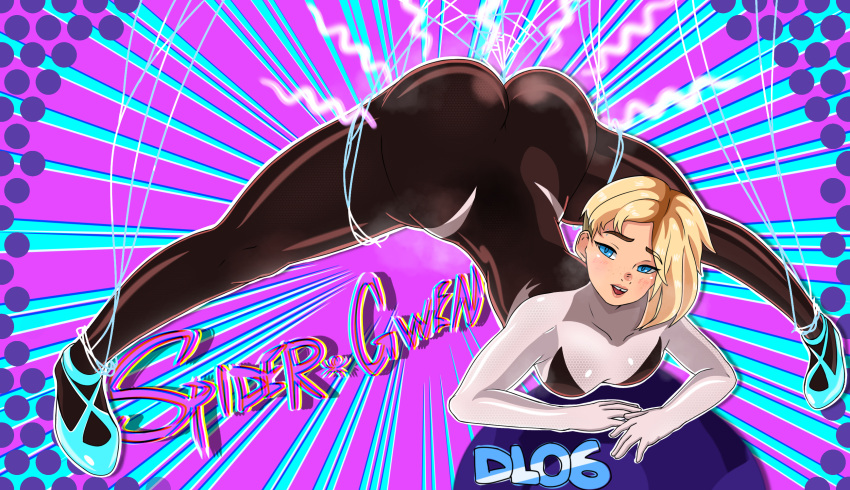 1girls ass_up big_ass blue_eyes bodysuit dl06 eyebrow_piercing footwear ghost-spider gwen_stacy gwen_stacy_(spider-verse) jack-o_pose marvel mouth_open shaved_side small_breasts smell spider-gwen spider-man:_into_the_spider-verse spider-man_(series) web yellow_hair