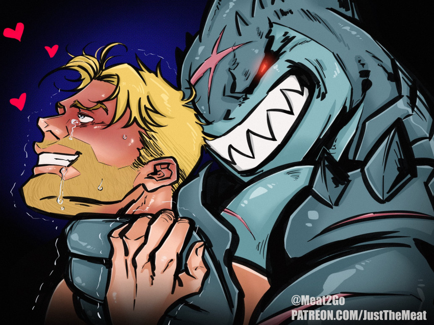 beard blonde_hair breath breath_play choking dc dc_comics furry john_constantine justthemeat/meat2go king_shark kinktober male male/male male_only muscular muscular_male pleasure_face shark sharp_teeth tears