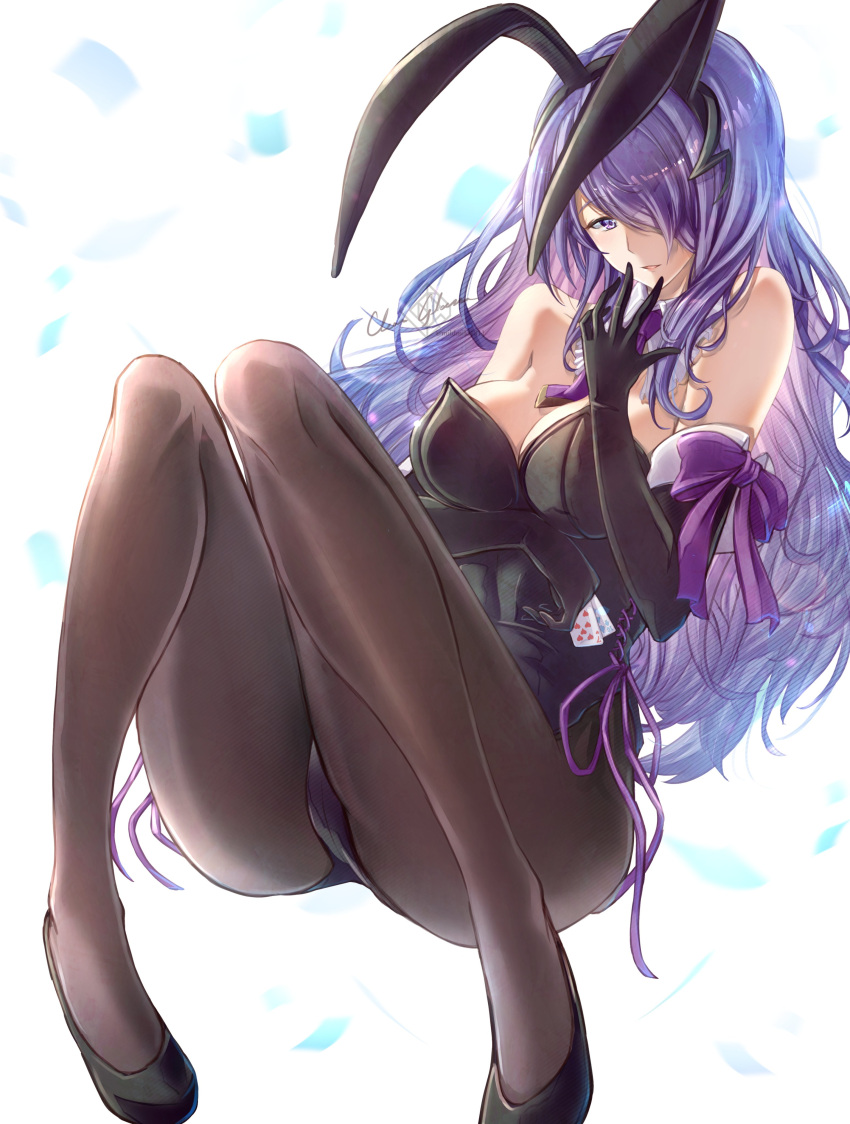 1girls absurdres alternate_costume animal_ears ass bare_shoulders big_ass black_footwear black_gloves black_legwear black_leotard bow breasts bunny_ears bunny_girl bunnysuit camilla_(fire_emblem) camilla_(spring)_(fire_emblem) card clear_glass_(mildmild1311) cleavage detached_collar elbow_gloves eyebrows_visible_through_hair fake_animal_ears female female_only fire_emblem fire_emblem_fates gloves hair_over_one_eye highres holding holding_card legs leotard long_hair looking_at_viewer medium_breasts necktie nintendo one_eye_covered pantyhose playboy_bunny purple_bow purple_eyes purple_hair purple_necktie rabbit_ears signature sitting solo strapless strapless_leotard very_long_hair wavy_hair white_background