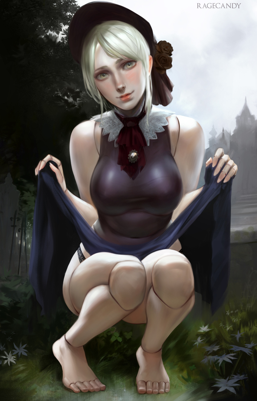 barefoot black_panties blonde_hair bloodborne blush bonnet crouching doll doll_joints female female_only fromsoftware full_body lace lace-trimmed_panties lace_trim looking_at_viewer medium_breasts outside painting_(artwork) panties plain_doll platinum_blonde_hair ragecndy skirt_lift sleeveless smile solo squatting yellow_eyes