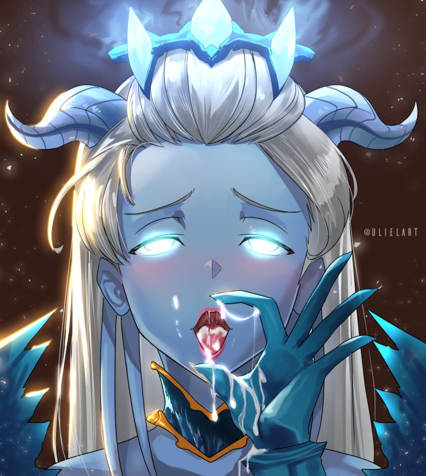 1girls after_fellatio after_sex blonde_hair blue_skin blush crown cum cum_in_mouth detached_collar draenei facial fellatio_gesture female gloves glowing glowing_eyes horns long_hair open_mouth pyrista rolling_eyes smile solo uliel world_of_warcraft