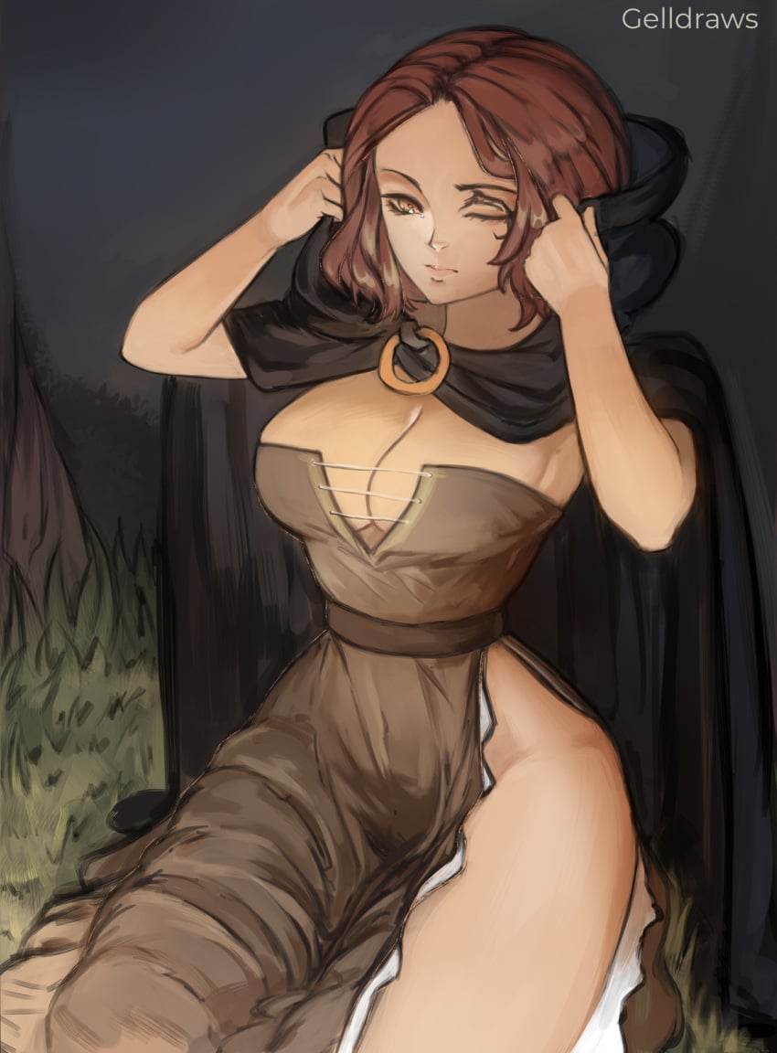 big_breasts brown_hair cleavage cloak elden_ring facial_mark facial_tattoo female female_only fromsoftware fully_clothed gelldraws hood looking_at_viewer medium_hair melina_(elden_ring) no_bra one_eye_closed side_slit sitting solo strapless strapless_dress thick_thighs thin_waist wavy_hair wide_hips yellow_eyes