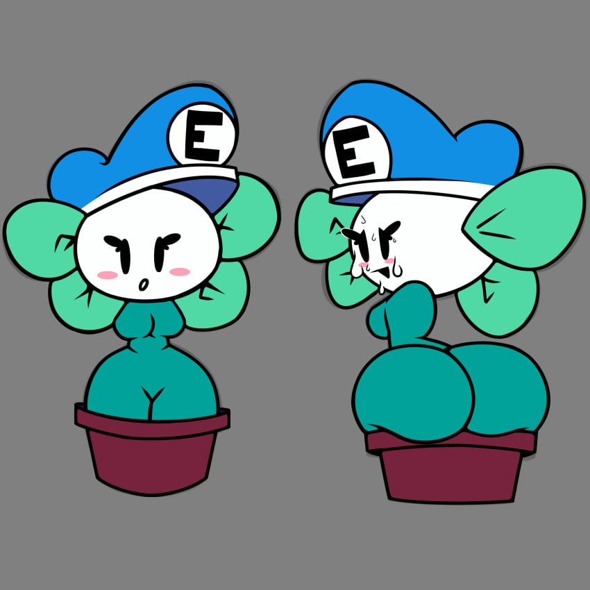 artist_request ass blue_cap blue_skin blush breasts cap ellis_(ellisbros) fat_ass large_ass oc original_character petals plant_girl plant_pot presenting presenting_hindquarters