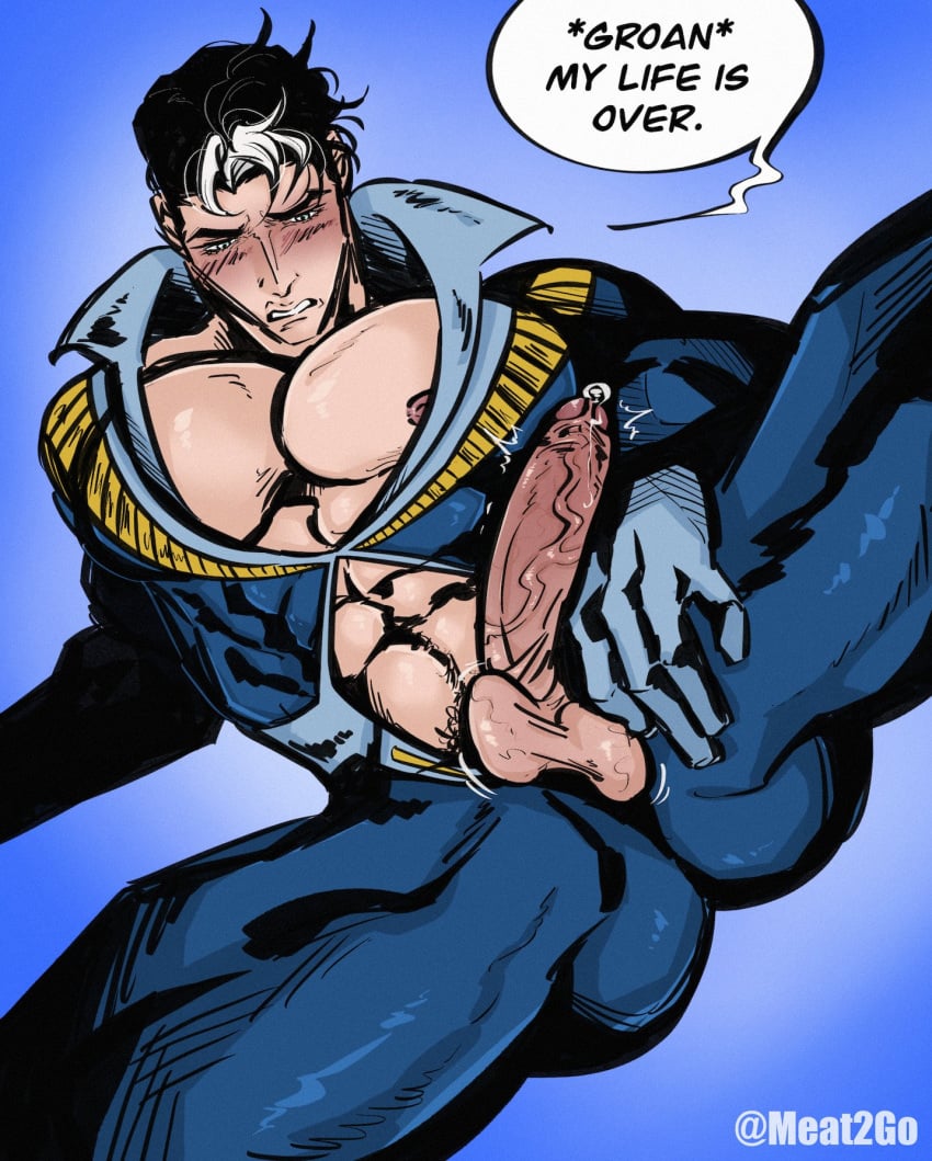 1boy balls batman_(series) big_breasts big_pecs dc dc_comics dialogue erect_penis erection exposed_chest hard_on jason_todd justthemeat/meat2go male male_only muscles muscular muscular_male nightwing nightwing_(cosplay) nipple_slip penis_out precum precum_drip red_hood_(dc) spread_legs veiny_penis