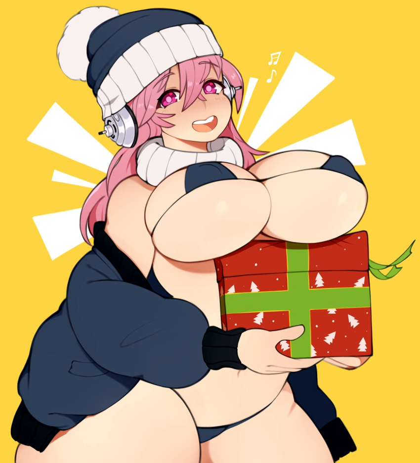 1girls big_breasts breasts eye_contact female hat long_hair looking_at_viewer melonpuff micro_bikini nitroplus pink_eyes pink_hair solo standing super_sonico thick_thighs wide_hips