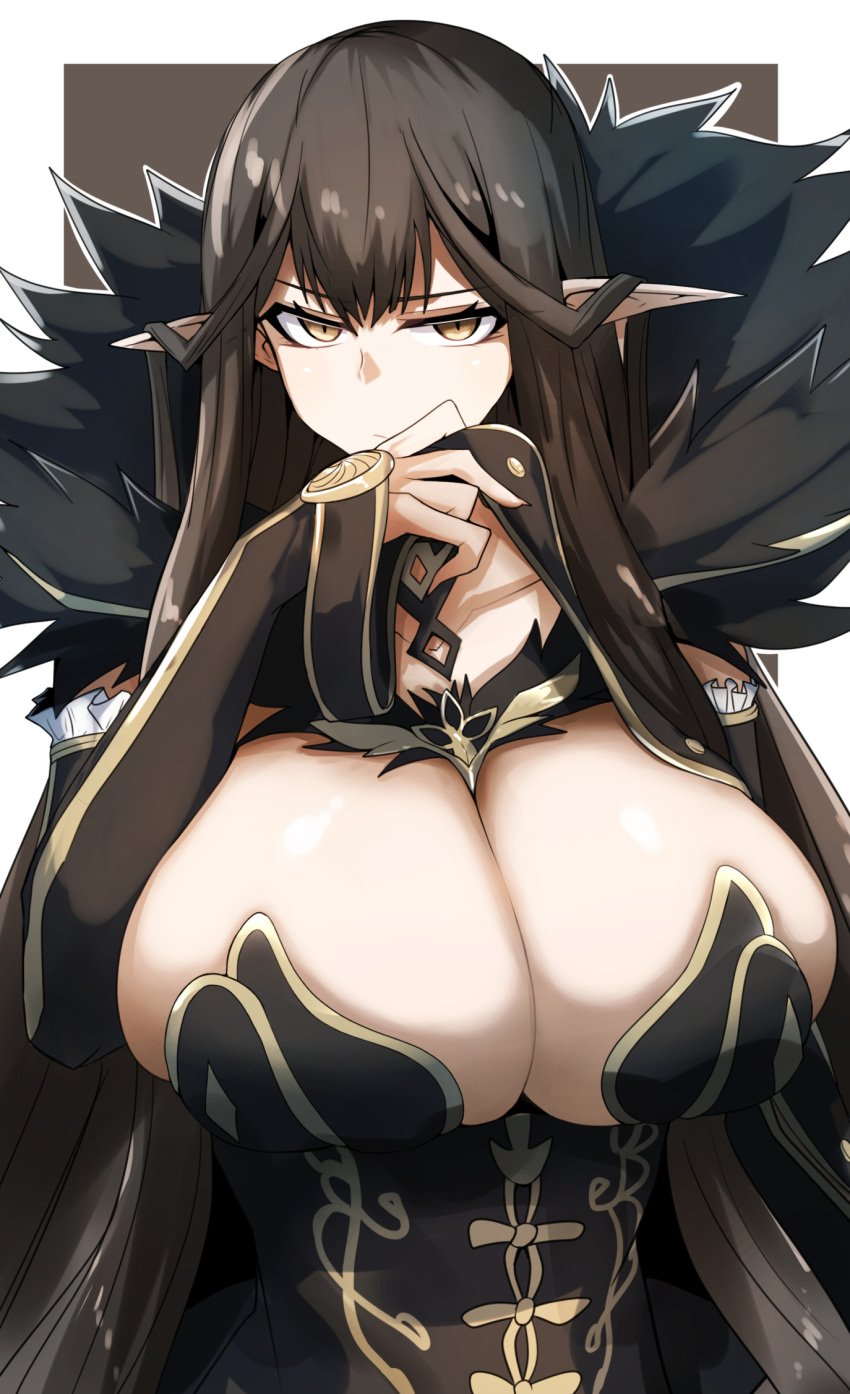 1girls 2022 black_dress breasts brown_eyes brown_hair cleavage clothed clothed_female dress fate/grand_order fate_(series) female female_only gin_moku hand_covering_mouth hi_res huge_breasts long_ears long_hair looking_at_viewer massive_breasts pale-skinned_female pale_skin pointy_ears semiramis_(fate)