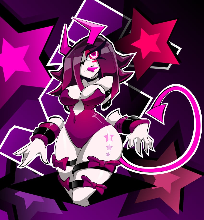 absurd_res big_breasts breasts character_cassidy clown collar demon demon_humanoid devil_horns_(disambiguation) female hair hi_res humanoid macarroni megasagx pupils purple_eyes purple_hair solo spade_tail tattoo unusual_pupils white_body wristband