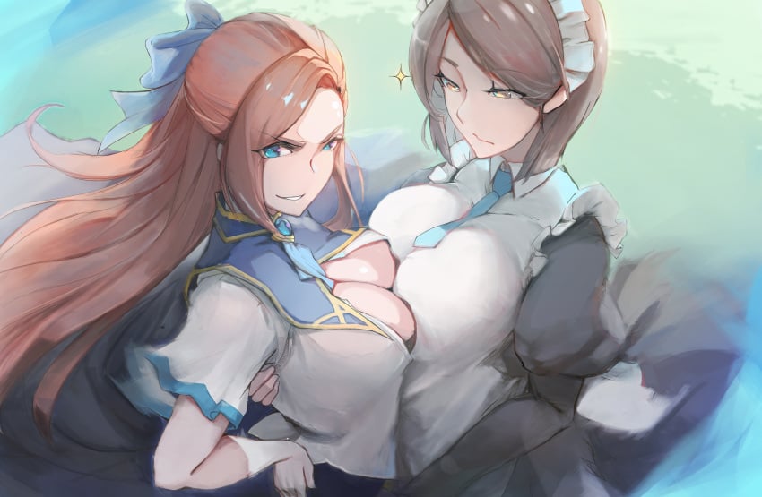 2girls absurd_res anne_shelley big_breasts blue_eyes breast_press breasts brown_hair cleavage clothing_cutout female female_only gray_bear hamefura hi_res holding_hip human katarina_claes large_breasts light-skinned_female light_brown_hair light_skin looking_at_partner looking_at_viewer maid maid_uniform multiple_girls open_shirt otome_game_no_hametsu_flag_shika_nai_akuyaku_reijou_ni_tensei_shite_shimatta white_body white_skin yellow_eyes