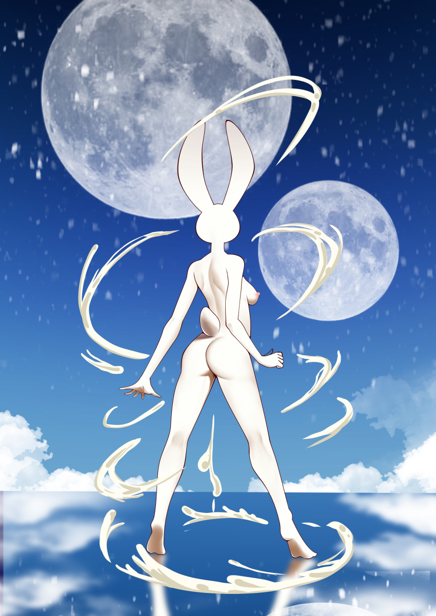 absurdres animal_ears ass back blue_background blue_sky body_fur breasts cloud commentary cum day female from_behind full_body full_moon furry furry_female gradient_sky highres kneepits liquid moon multiple_moons nipples original outdoors rabbit_ears rabbit_girl rabbit_tail reflection reflective_water sky small_breasts solo standing standing_on_liquid star_(symbol) tail tiptoes usamimi_(umisag85rabb99)