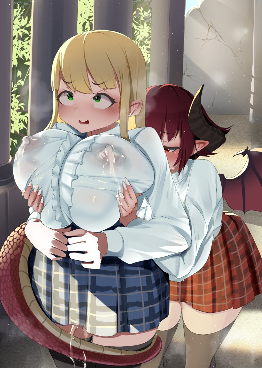 2022 2girls ahoge anne_(shingeki_no_bahamut) blonde_hair blush breast_grab breasts clothed clothed_female commentary_request dragon_girl dragon_horns embarrassed female female_only grea_(shingeki_no_bahamut) green_eyes hi_res horns huge_breasts lactating lactation lactation lactation_through_clothes long_hair manaria_friends massive_breasts milk monobe monobe_yuri nipples_visible_through_clothing pussy_juice pussy_juice_drip red_eyes red_hair school_uniform schoolgirl shingeki_no_bahamut short_hair short_skirt tail thick_thighs thighhighs thighs wet_pussy wings yuri