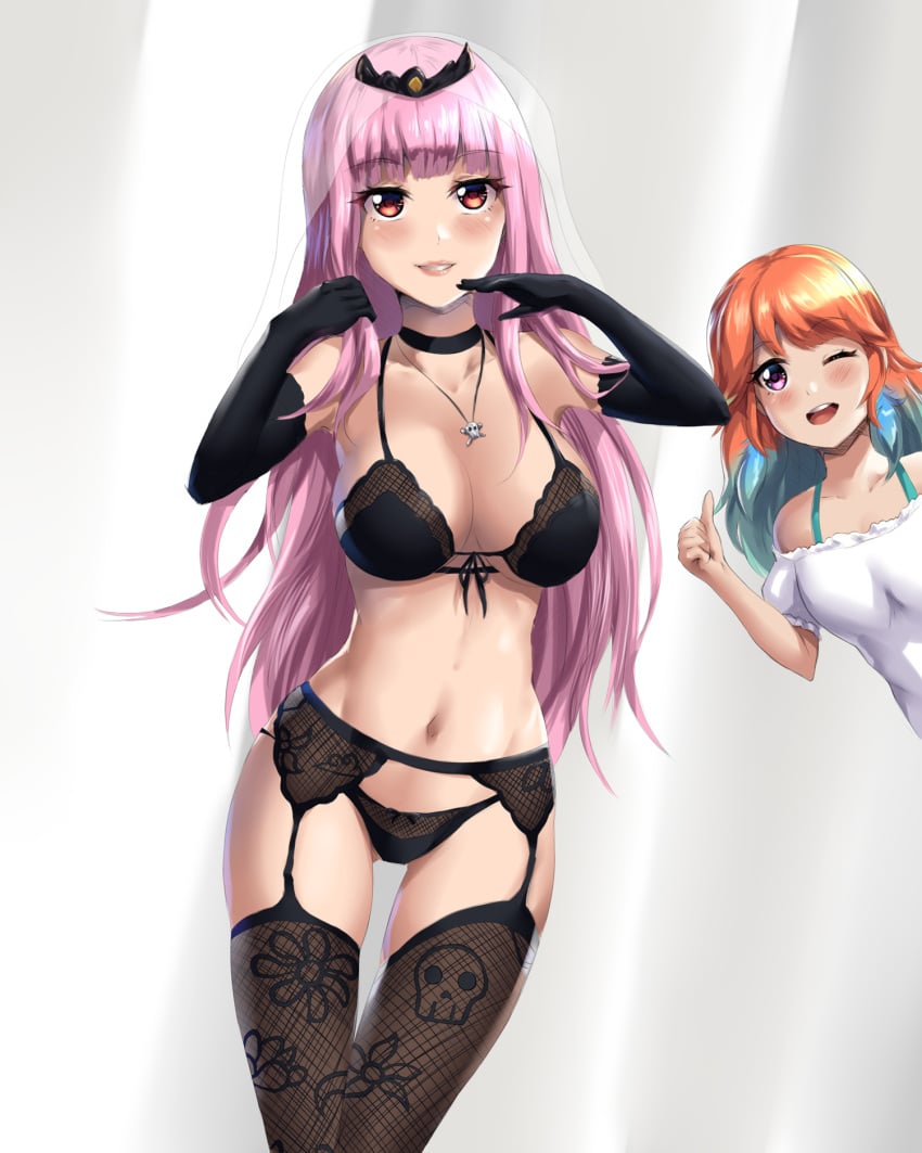 2girls aqua_hair bangs black_bra black_gloves black_panties blush bra breasts choker elbow_gloves flower_print garter_belt garter_straps gloves highres hololive hololive_english hololive_myth large_breasts leonart long_hair looking_at_viewer mori_calliope multiple_girls navel necklace orange_hair panties pink_hair purple_eyes skull skull_necklace skull_print smile takanashi_kiara thighhighs thumbs_up tiara two_tone_hair underwear veil virtual_youtuber wink