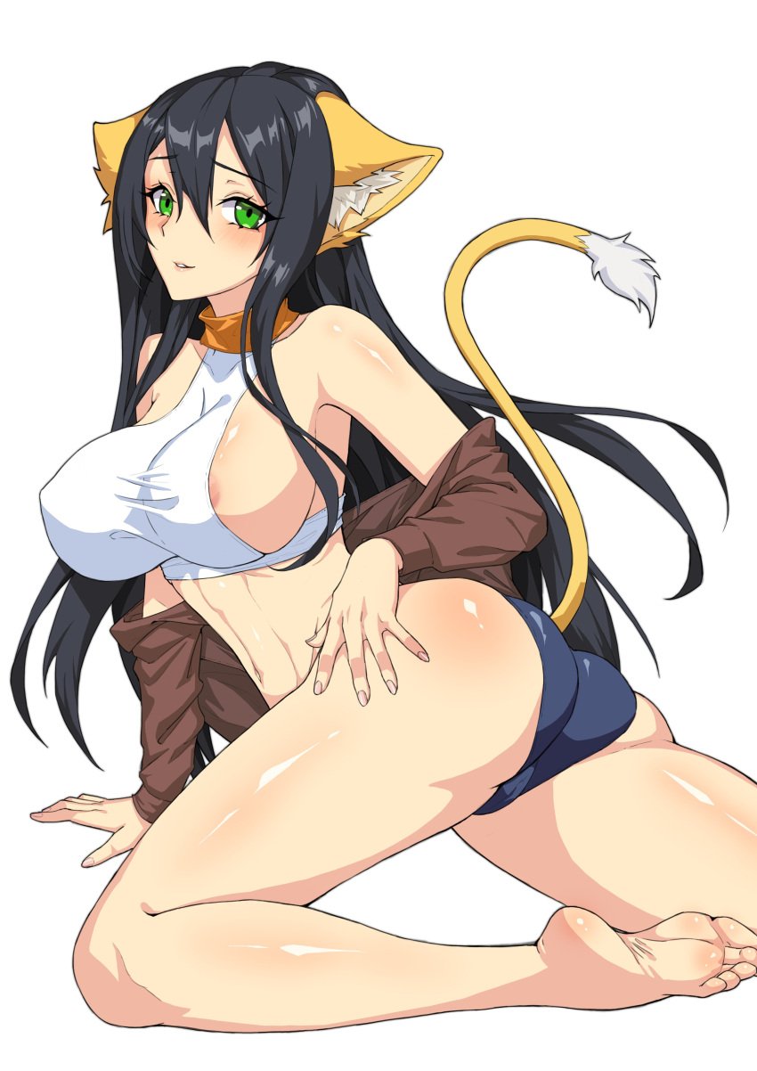 1girls absurdres animal_ears ass barefoot black_hair breasts cat_ears cat_girl cat_tail collar covered_nipples davyonmartz female green_eyes hair_between_eyes highres jacket kneeling large_breasts long_hair looking_at_viewer midriff navel oarted_lips open_clothes open_jacket original panties simple_background sleeveless sleeveless_shirt smile sollyz_(character) solo tail underwear white_background