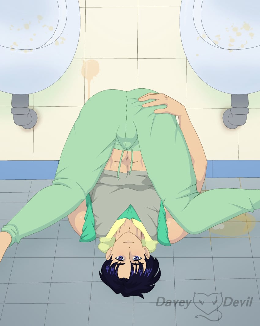 1boy bishoujo_senshi_sailor_moon black_hair blue_eyes bulge clothes clothing davey_devil looking_at_viewer male male_only mamoru_chiba public_restroom solo straight_hair tagme upside-down urinal