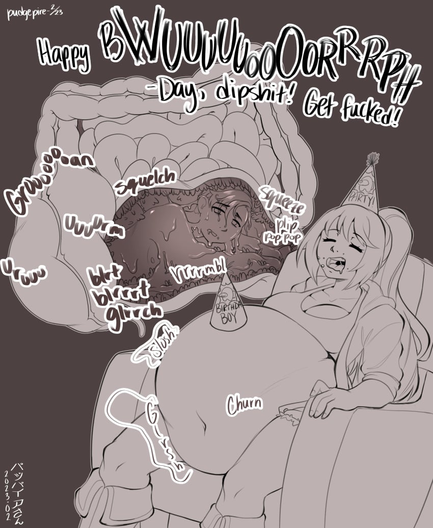 1boy 1girls big_belly breasts burp burping digestion digestion_noises female female_pred implied_digestion internal male male_prey melting party_hat sleeping vore vore_belly xray