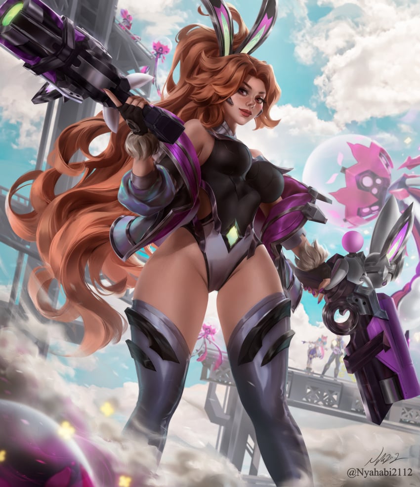 1girls 2d 2d_(artwork) absurd_res anima_squad_series bare_shoulders bare_thighs battle_bunny_miss_fortune battle_bunny_series big_breasts bodysuit bunny_costume bunny_ears bunny_girl bunnysuit dual_wielding female female_focus female_only fingerless_gloves freckles gloves gun league_of_legends looking_at_viewer miss_fortune nail_polish nyahabi2112 painted_nails pistol ponytail purple_nails red_eyes red_hair riot_games thick_thighs thighhighs thighs tight_clothing very_long_hair weapon