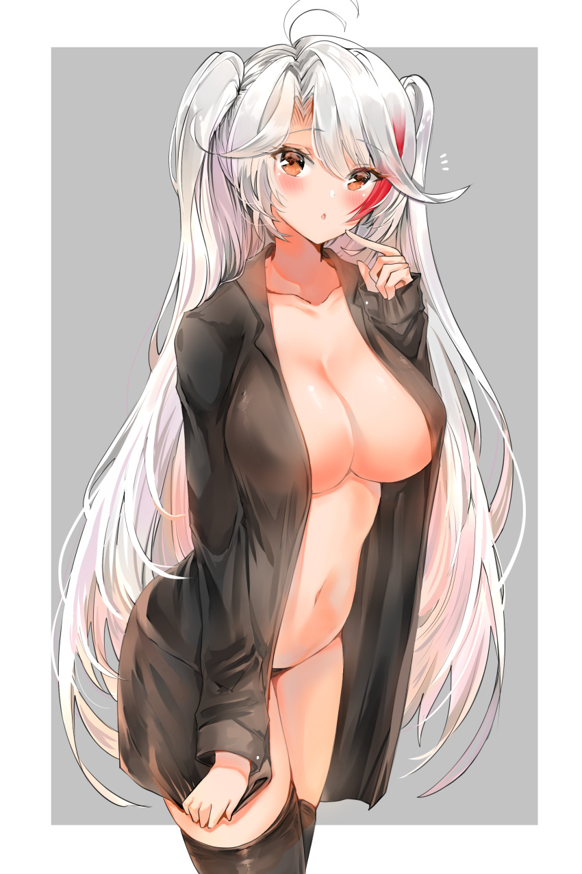 1girls absurdres antenna_hair azur_lane bangs black_legwear black_shirt blush border breasts brown_eyes cleavage female grey_background highres large_breasts long_hair long_sleeves looking_at_viewer multicolored_hair navel open_clothes open_mouth open_shirt prinz_eugen_(azur_lane) silver_hair solo streaked_hair swept_bangs thighhighs two_side_up white_border yukineko1018