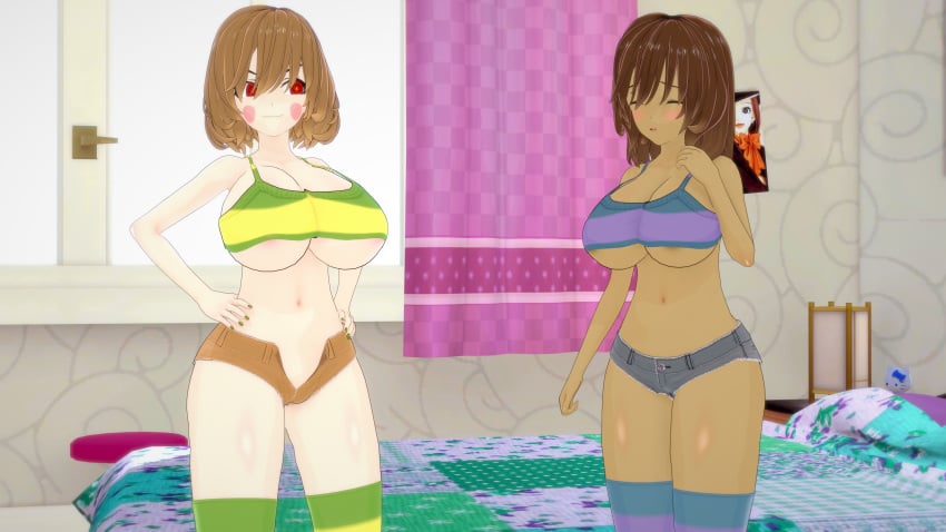 2girls 3d albyon alternate_version_available brown_hair chara dark-skinned_female female female_only frisk hairless_pussy human red_eyes rosy_cheeks tagme undertale undertale_(series)