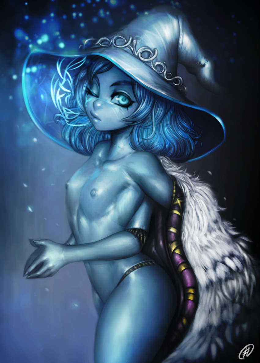 4_arms blue_eyes blue_hair blue_skin cape doll_joints elden_ring female female_only filemonte flat_chest fromsoftware fur_cape looking_at_viewer medium_hair mostly_nude multi_arm multi_limb one_eye_closed painting_(artwork) ranni_the_witch small_breasts solo wavy_hair witch_hat