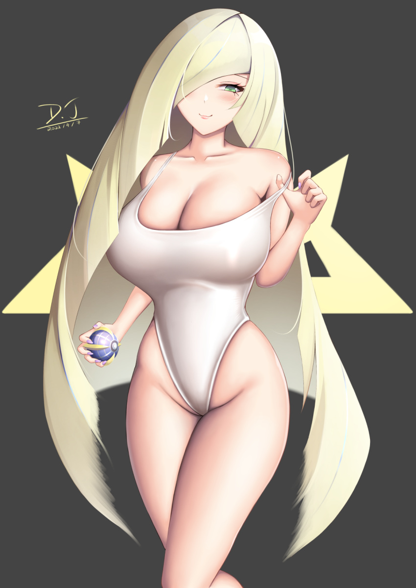 1girls alternate_hair_color alternate_version_available big_breasts blonde_hair blush breasts d.j_(dwcg2854) female female_only game_freak green_eyes hips huge_breasts legs long_hair lusamine_(pokemon) mature mature_female milf mother one-piece_swimsuit pokeball pokemon pokemon_sm purple_nails smile solo solo_female swimsuit thick_thighs white_swimsuit