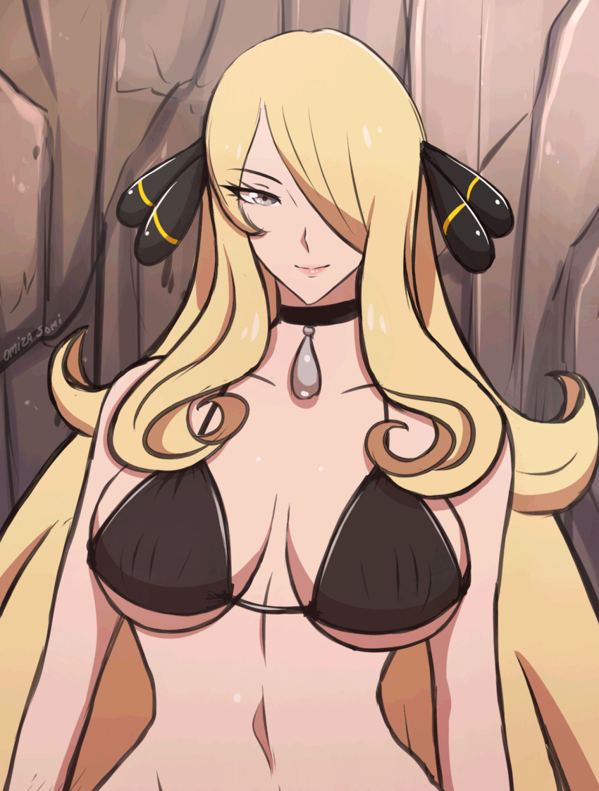 1girls animated belly_button bikini bikini_top black_bikini black_bikini_top black_bracelet black_choker blonde_hair bouncing_breasts bracelet choker cleavage cynthia_(pokemon) female female_only flirting flirting_with_viewer game_freak hair_ornament hair_over_one_eye human long_blonde_hair long_hair looking_at_viewer midriff navel necklace nintendo omiza_somi only_female pokemon pokemon_dppt pulling_bikini_string silver_eyes silver_necklace