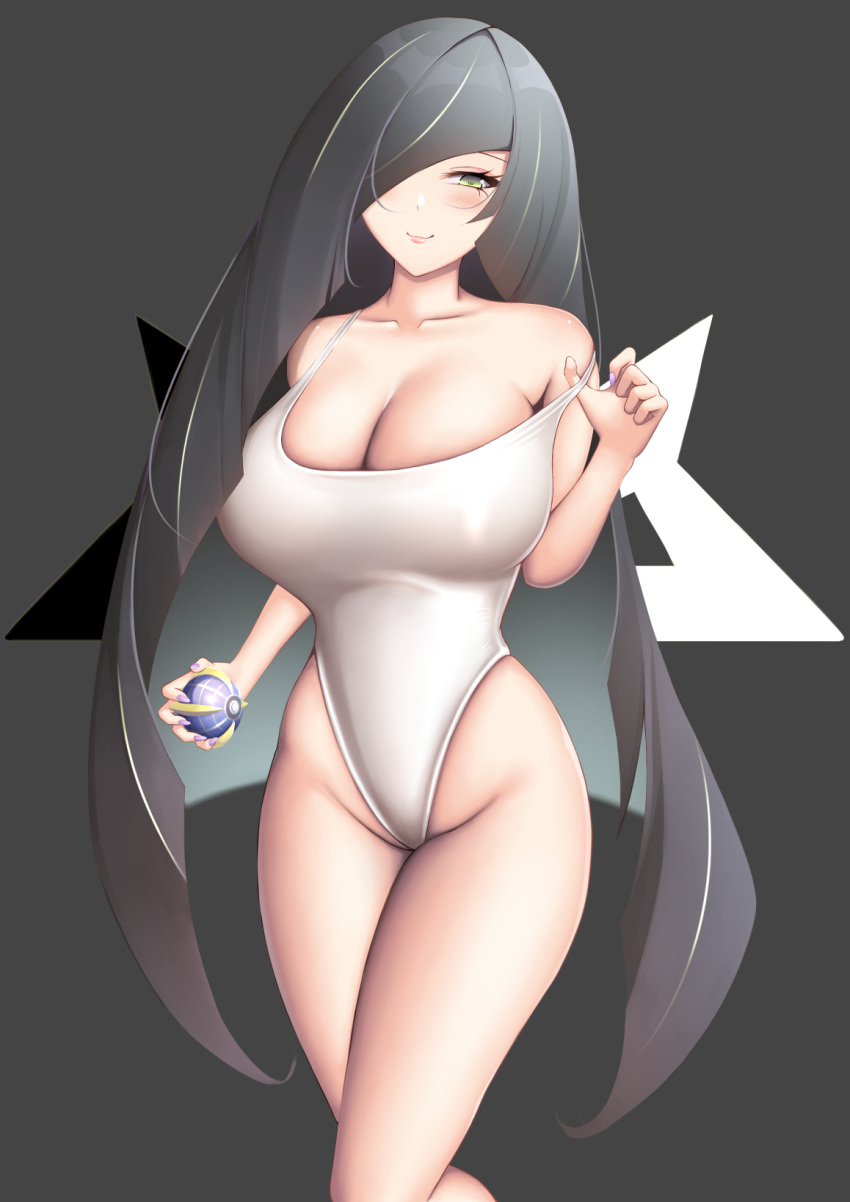 1girls alternate_hair_color alternate_version_available big_breasts black_hair blush breasts d.j_(dwcg2854) female female_only game_freak green_eyes hips huge_breasts legs long_hair lusamine_(pokemon) mature mature_female milf mother one-piece_swimsuit pokeball pokemon pokemon_sm purple_nails smile solo solo_female swimsuit thick_thighs white_swimsuit