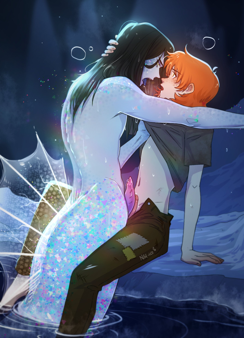 2boys cute_male fronting gay ginger ginger_hair grey_body grey_skin long_hair looking_at_each_other looking_at_partner male_only merfolk mermaid_tail merman non-human nsf-ko penis_on_penis penises_touching petite sparkle sparkling twink water yaoi young