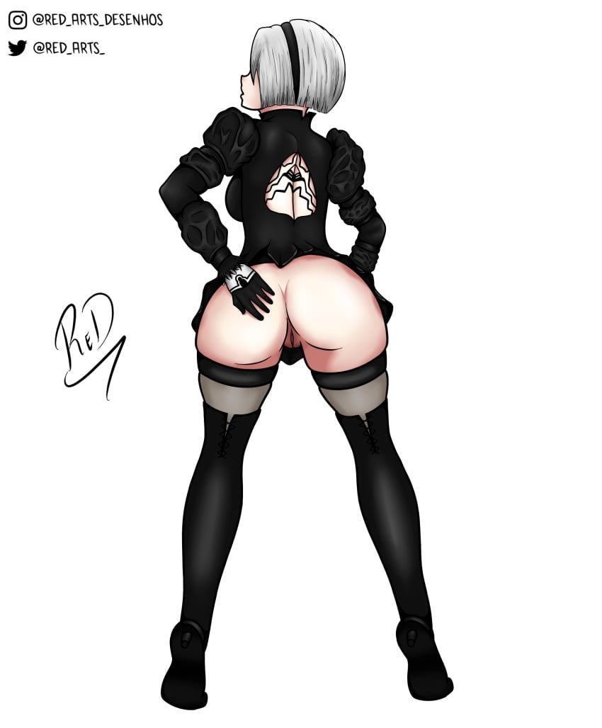 1girls android ass ass_grab bangs bangs_over_eyes black_clothes black_skirt black_socks female female_focus female_only fringe fringe_hair full_body gloves gynoid looking_away nier:_automata pussy red_arts robot_girl robot_humanoid short_hair skirt socks thigh_socks thighhighs tiara white_background white_hair white_skin yorha_2b