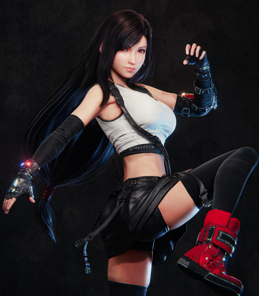 2022 3d ass ass_focus big_ass final_fantasy final_fantasy_vii final_fantasy_vii_remake large_breasts light-skinned_female red_eyes square_enix sreliata_(artist) thighhighs tifa_lockhart tights upskirt