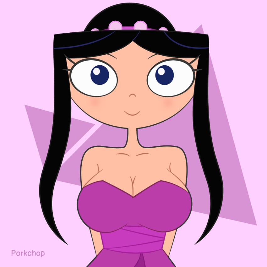 big_breasts black_hair blush cleavage clothed front_view geometric_background hands_behind_back isabella_garcia-shapiro phineas_and_ferb pink_background porkchop_(artist) purple_dress smiling staring_at_viewer tied_hair wedding wedding_dress white_skin