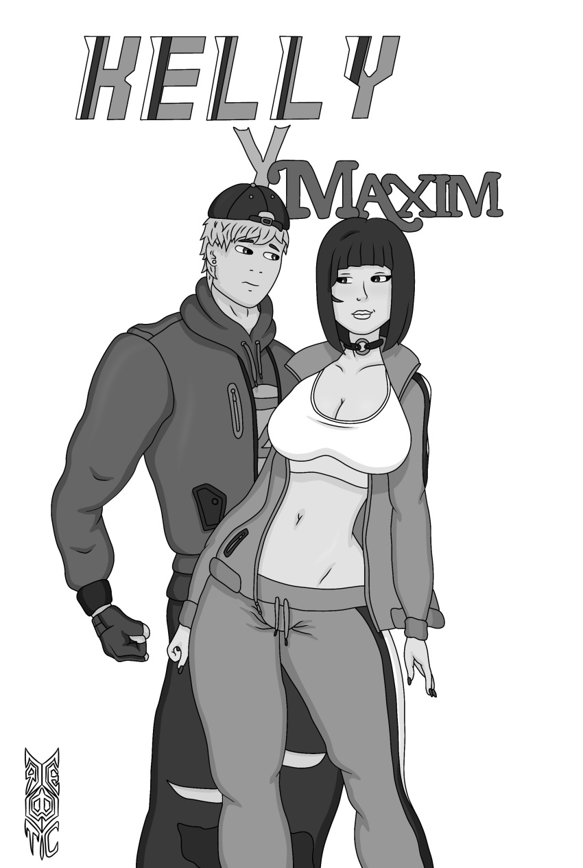 1boy 1girls 2022 artist_logo artist_name artist_signature big_breasts black_and_white breasts collar comic comic_page cover_page female female/male free_fire garena hat kelly_(free_fire) looking_at_another male male/female maxim_(free_fire) short_hair simple_background zzerotic