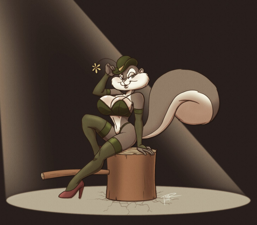 animaniacs cleavage furry garter_belt hat high_heels huge_breasts lingerie mallet milf slappy_squirrel squirrel