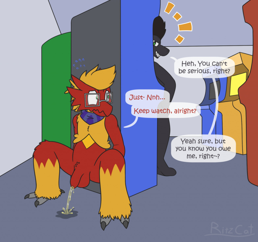 anthro avian bird blaziken bodily_fluids canid canine duo embarrassed english_text genital_fluids hi_res male mammal nintendo peeing pokemon pokemon_(species) ritzcat text urine video_games