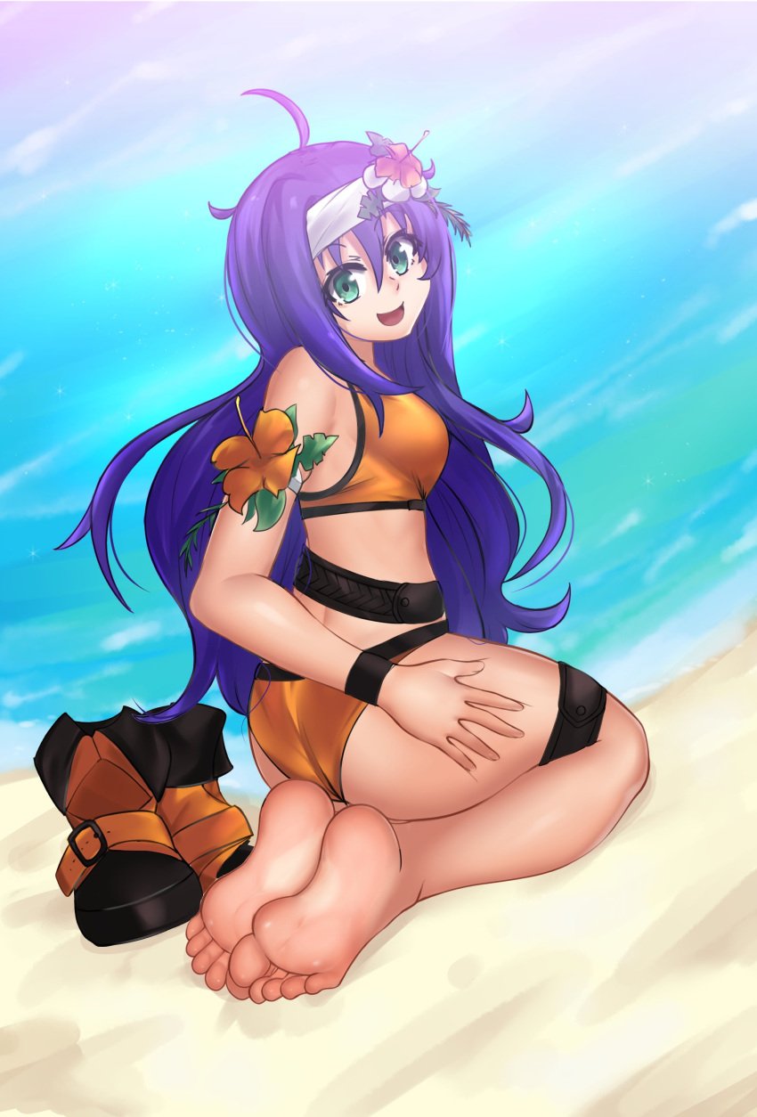 1girls alternate_costume ass bare_legs barefoot beach big_ass bikini blue_hair breasts ethan_ppj_(artist) feet female female_only fire_emblem fire_emblem:_path_of_radiance fire_emblem:_radiant_dawn fire_emblem_heroes flower foot_fetish footwear green_eyes hair_flower headband kneeling long_hair looking_at_viewer medium_breasts mia_(fire_emblem) mia_(summer)_(fire_emblem) nintendo ocean official_alternate_costume orange_bikini orange_swimsuit purple_hair sandals seishinashi smile solo swimsuit toes unworn_sandals