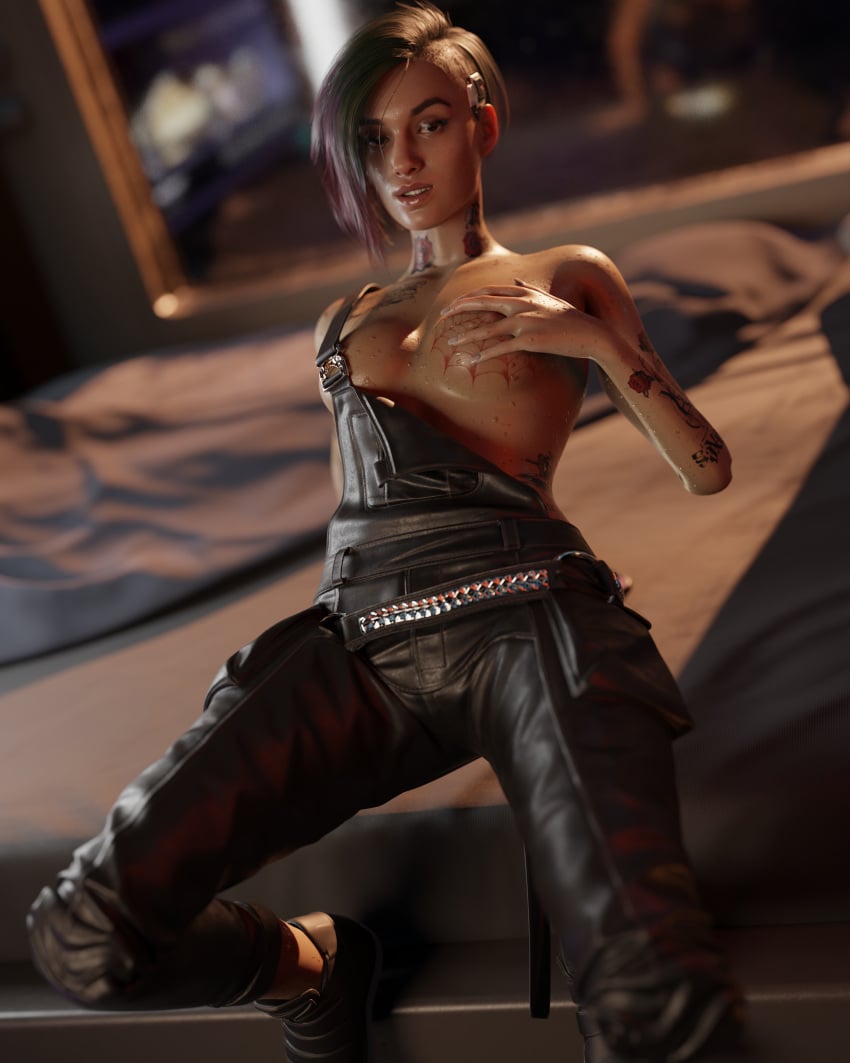 1girls 3d absurd_res blender blender_(software) cd_projekt_red colored_hair cyberpunk cyberpunk_2077 female female_only judy_alvarez ns1124 nude nude_female solo sunrise tattoo