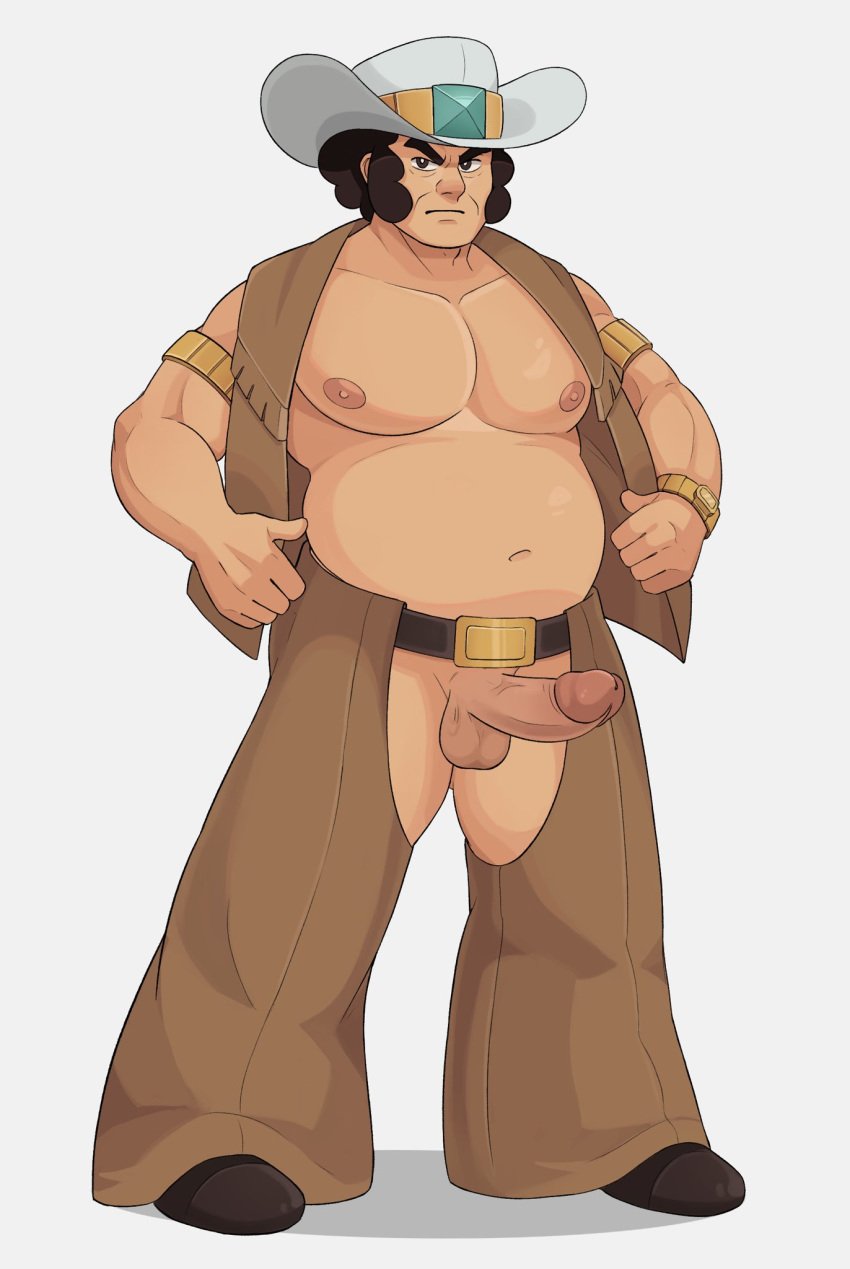 1boy balls ballsack beefy belly boner brown_eyes brown_hair chaps clay_(pokemon) cowboy cowboy_hat dad_bod dilf erect_penis erection facial_hair foreskin geckobara hard_on human intact male male_nipples male_only manly masculine mature_male musclegut muscles muscular_male open_shirt pecs penis penis_out pokemon retracted_foreskin scrotum sideburns solo testicles uncut veiny_penis vest yakon_(pokemon)