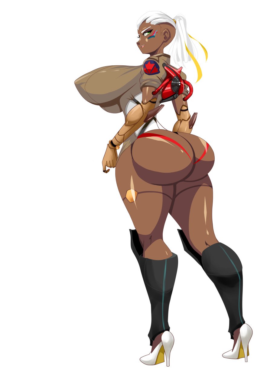 2d absurd_res alternate_ass_size alternate_body_type alternate_breast_size alternate_hairstyle armor ass breasts christian_louboutin_(brand) clothed cyborg dark-skinned_female dark_skin ficheras from_behind frostyvector greaves green_eyes high_heels huge_ass huge_breasts leotard mechanical_arms overwatch overwatch_2 ponytail robot_joints second-party_source sojourn_(overwatch) torpedo_breasts transparent_background vector_trace white_hair