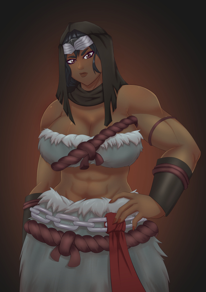 2020s 2022 abs armband black_hair brown_eyes crapworks_(artist) dark-skinned_female elden_ring fromsoftware fur_trim hand_on_hip headband headwear looking_at_viewer muscles muscular muscular_female nepheli_loux