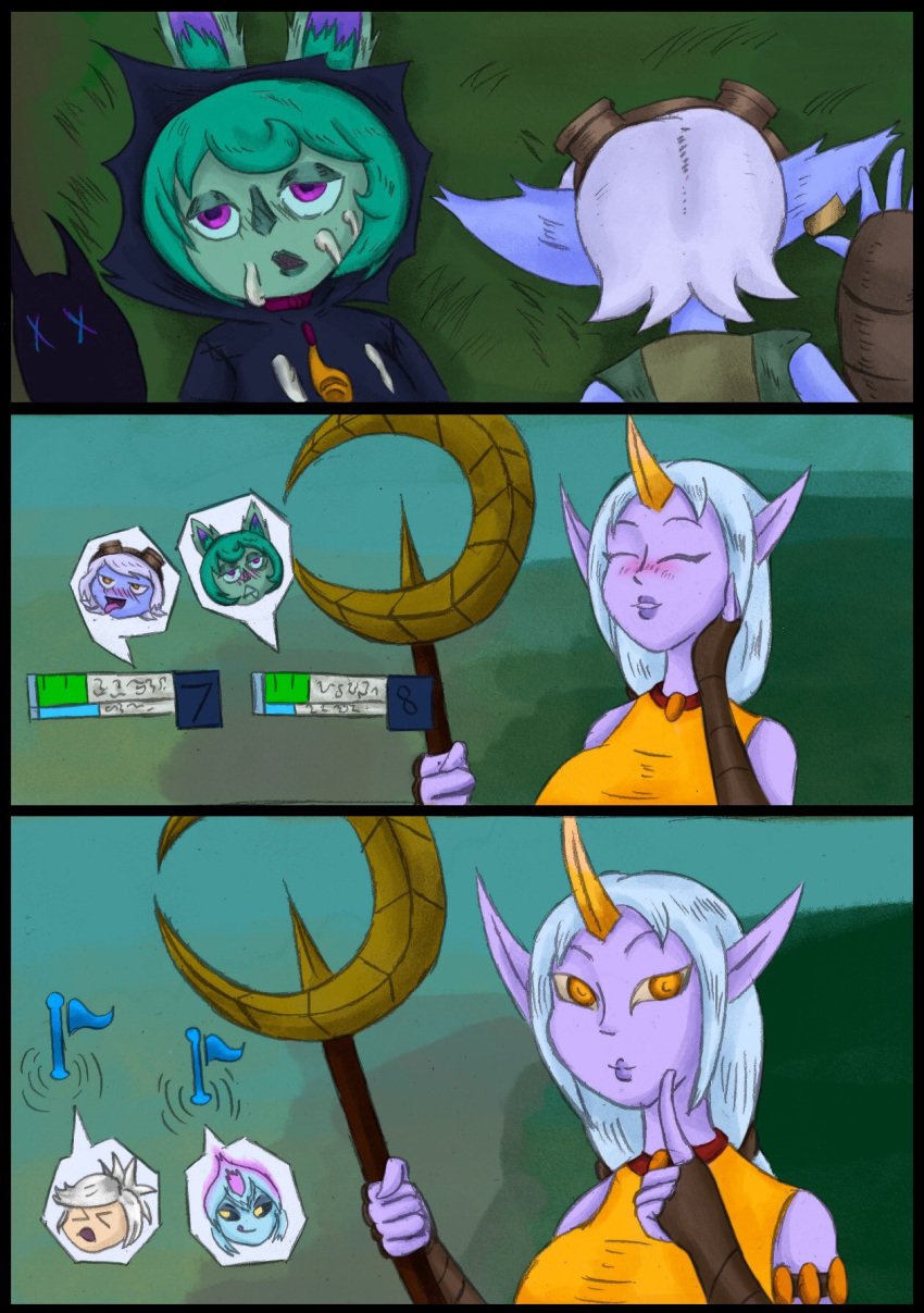 1futa 2girls animal_genitalia blue_skin comic cum cum_on_face evelynn female futa_on_female futanari gameplay_mechanics green_hair green_skin larger_futanari league_of_legends partially_clothed pink_eyes purple_skin riven self_upload shadow_(lol) shortstack size_difference smaller_female soraka summoner's_rift threesome tristana unconscious vex_(league_of_legends) white_hair yordle